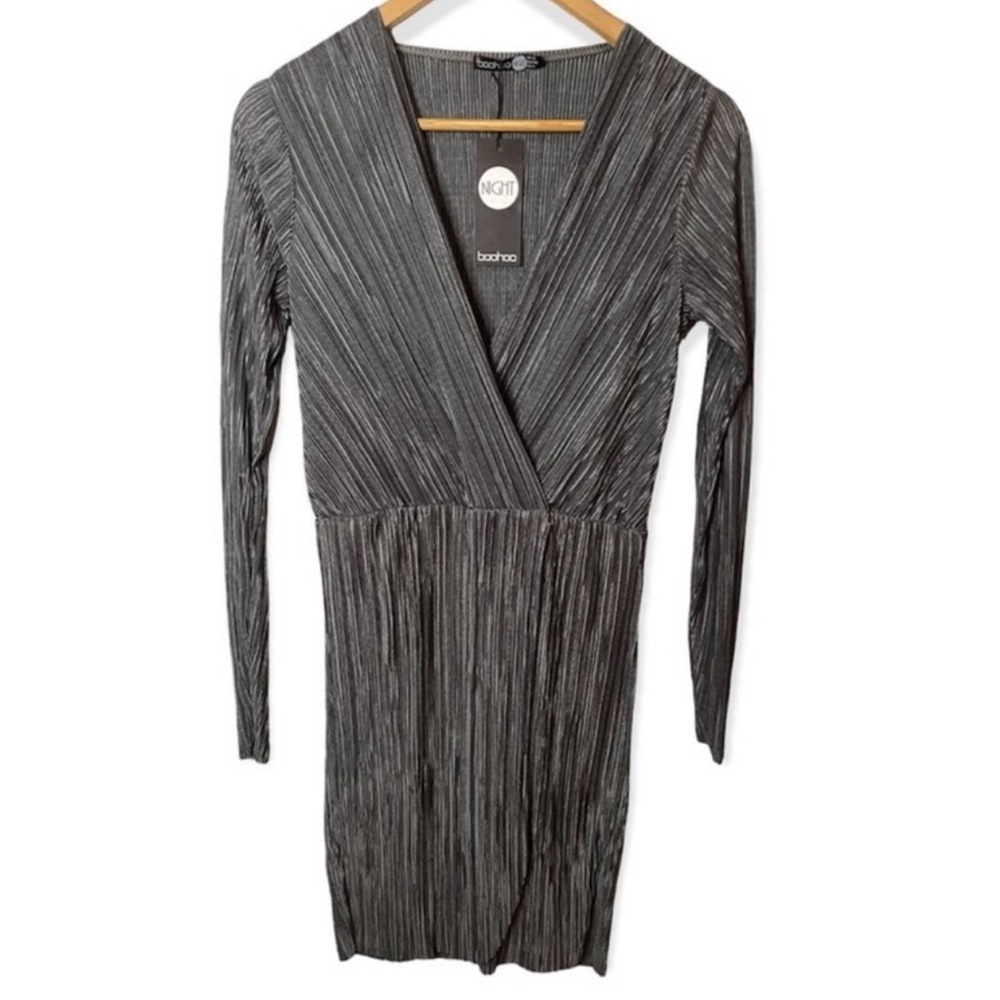 Boohoo Pleated Long SLeeve Metallic‎ Wrap Dress​​​